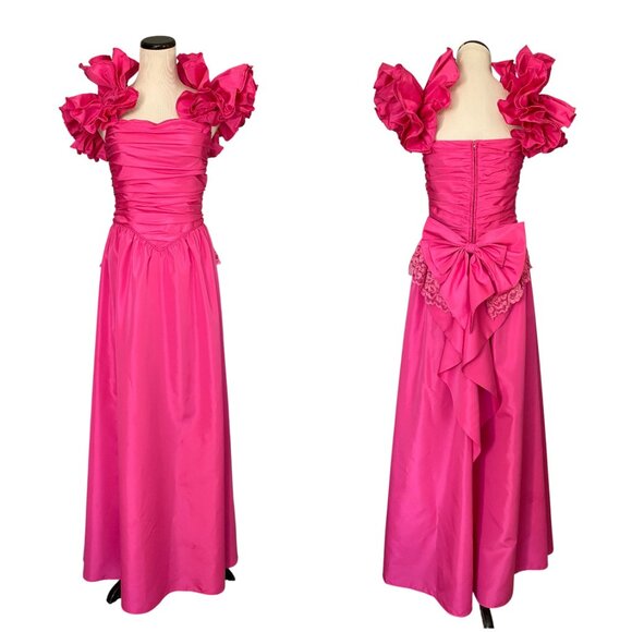 Vintage 80s Pink 16 Princess Bow Maxi Long Gown Prom Sweetheart Puff Dress Small - Picture 1 of 11